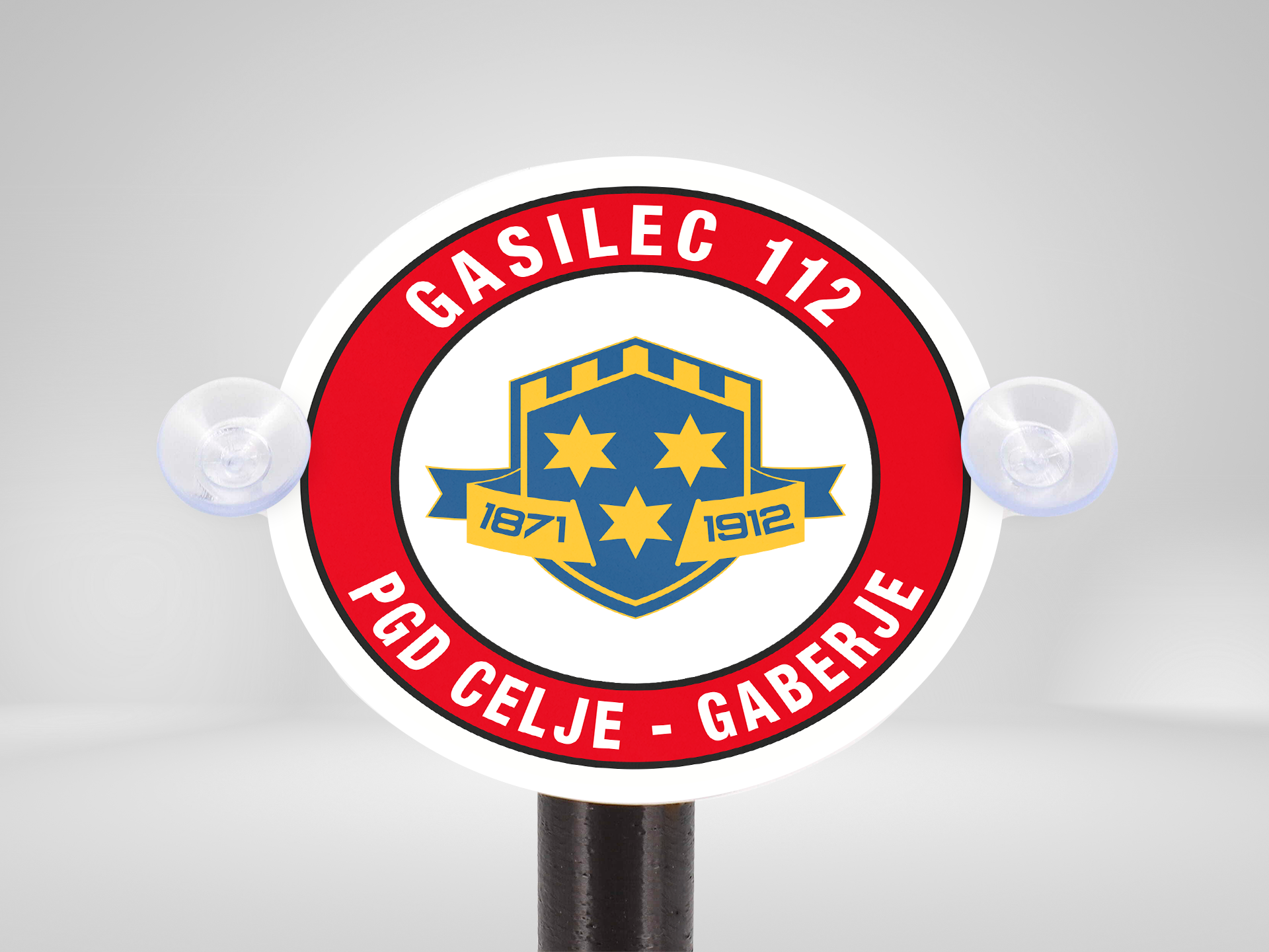 Značka - Nalepka - PGD - Gasilec 112 z imenom in znakom društva