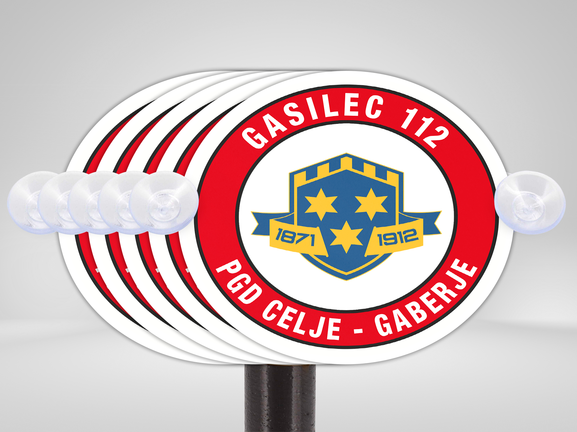 Značka - Nalepka - PGD - Gasilec 112 z imenom in znakom društva