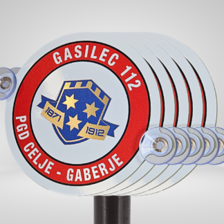 Značka - Nalepka - PGD - Gasilec 112 z imenom in znakom društva - zlata